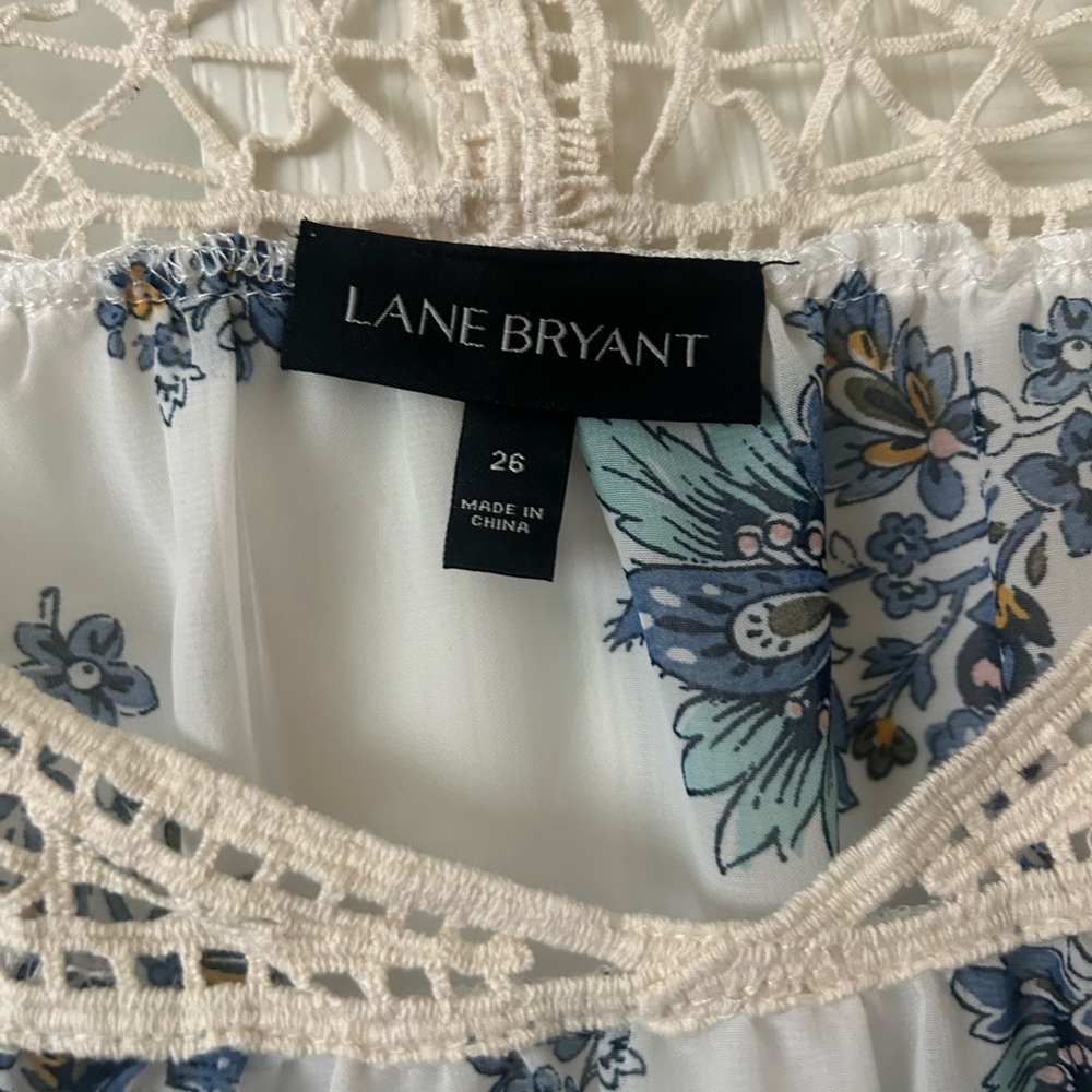 Lane Bryant White Blouse with Blue Floral Print and Crochet Yoke - Picture 2 of 5